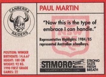 1991 Stimorol NRL #8 Paul Martin Back